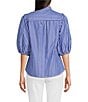 Calessa Embroidered Stripe High Ruffle Split V-Neck Elbow Sleeve Button Front Tunic, Color:Blue/White - Image 2