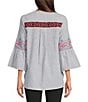 Calessa Embroidered Stripe Patchwork Round Split V-Neck 3/4 Sleeve Tunic, Color:Black Multi - Image 2