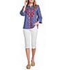 Calessa Embroidered Stripe Split Round Neck 3/4 Sleeve Tunic - Image 3