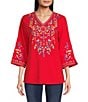 Color:Red - Image 1 - Embroidered V Neck 3/4 Sleeve Tunic Blouse