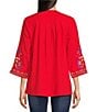 Color:Red - Image 2 - Embroidered V Neck 3/4 Sleeve Tunic Blouse
