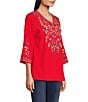 Color:Red - Image 3 - Embroidered V Neck 3/4 Sleeve Tunic Blouse