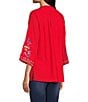 Color:Red - Image 4 - Embroidered V Neck 3/4 Sleeve Tunic Blouse