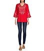 Color:Red - Image 5 - Embroidered V Neck 3/4 Sleeve Tunic Blouse