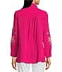 Calessa Floral Embroidered Point Collar Long Sleeve Button Front Tunic, Color:Fuchsia Multi - Image 2