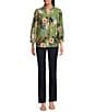 Calessa Floral Split V-Neck Bracelet Sleeve Button Front Tunic, Color:Olive Multi - Image 3