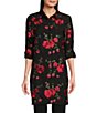 Color:Red/Black - Image 1 - Floral Woven Point Collar Long Sleeve Button Front Tunic Duster