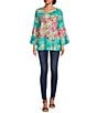 Color:Pink Multi - Image 5 - Garden Floral Print Scoop Neck 3/4 Sleeve Peasant Tunic