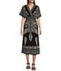 Color:Black/White - Image 1 - Henna Border Print Jersey V-Neck Short Sleeve Smocked Waist A-Line Midi Dress