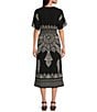 Color:Black/White - Image 2 - Henna Border Print Jersey V-Neck Short Sleeve Smocked Waist A-Line Midi Dress