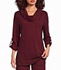 Calessa Jacquard Knit Check Cowl Neck Long Roll-Tab Sleeve Top - Image 1