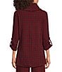 Calessa Jacquard Knit Check Cowl Neck Long Roll-Tab Sleeve Top - Image 2
