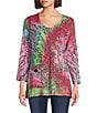 Color:Lime Multi - Image 1 - Jacquard Tie Dyed Knit V-Neck 3/4 Bell Sleeve Tunic