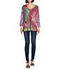 Color:Lime Multi - Image 3 - Jacquard Tie Dyed Knit V-Neck 3/4 Bell Sleeve Tunic