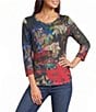 Calessa Knit Multicolor Digital Crew Neck 3/4 Sleeve Top - Image 1