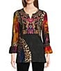 Calessa Split V-Neck Wrist Length Sleeve Embroidered Patchwork Tunic, Color:Crimson/Multi - Image 1