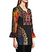 Calessa Split V-Neck Wrist Length Sleeve Embroidered Patchwork Tunic, Color:Crimson/Multi - Image 3
