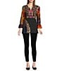 Calessa Split V-Neck Wrist Length Sleeve Embroidered Patchwork Tunic, Color:Crimson/Multi - Image 5