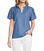 Calessa Knit Split V-Neck Beaded Short Puff Balloon Sleeve Tunic - Image 1
