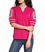 Calessa Knit Split V-Neck Embroidered Elbow Length Balloon Sleeve Blouse - Image 1