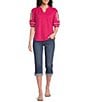 Calessa Knit Split V-Neck Embroidered Elbow Length Balloon Sleeve Blouse - Image 3