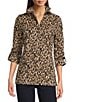 Calessa Knit Textured Leopard Print Wire Collar Zip Front 3/4 Roll-Tab Sleeve Tunic, Color:Gold/Black - Image 1
