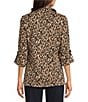 Calessa Knit Textured Leopard Print Wire Collar Zip Front 3/4 Roll-Tab Sleeve Tunic, Color:Gold/Black - Image 2