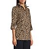 Calessa Knit Textured Leopard Print Wire Collar Zip Front 3/4 Roll-Tab Sleeve Tunic, Color:Gold/Black - Image 3