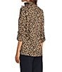 Calessa Knit Textured Leopard Print Wire Collar Zip Front 3/4 Roll-Tab Sleeve Tunic, Color:Gold/Black - Image 4