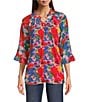 Calessa Mesh Abstract Print Split V-Neck 3/4 Sleeve Button Front Tunic, Color:Fuchsia/Multi - Image 1