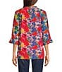 Calessa Mesh Abstract Print Split V-Neck 3/4 Sleeve Button Front Tunic, Color:Fuchsia/Multi - Image 2