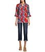 Calessa Mesh Abstract Print Split V-Neck 3/4 Sleeve Button Front Tunic, Color:Fuchsia/Multi - Image 3