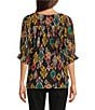 Calessa Mesh Knit Abstract Ikat Print Square Neck Elbow Sleeve Tunic, Color:Black Multi - Image 2
