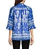 Calessa Mesh Knit Split V-Neck 3/4 Sleeve Border Henna Print Tunic, Color:Blue/White - Image 2