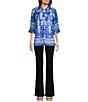 Calessa Mesh Knit Split V-Neck 3/4 Sleeve Border Henna Print Tunic, Color:Blue/White - Image 3