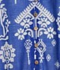 Calessa Mesh Knit Split V-Neck 3/4 Sleeve Border Henna Print Tunic, Color:Blue/White - Image 4