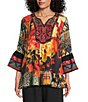 Calessa Mixed Floral Print Embroidered Split V-Neck 3/4 Bell Sleeve Tunic - Image 1