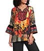 Calessa Mixed Floral Print Embroidered Split V-Neck 3/4 Bell Sleeve Tunic - Image 1