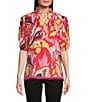 Calessa Modern Abstract Print Ruffled Split V-Neck Short Sleeve Tunic, Color:Fuchsia/Multi - Image 1