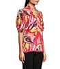 Calessa Modern Abstract Print Ruffled Split V-Neck Short Sleeve Tunic, Color:Fuchsia/Multi - Image 3