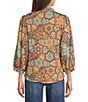 Calessa Mosaic Patchwork Print High Split V-Neck 3/4 Sleeve Button Front Shirt, Color:Sand Multi - Image 2