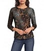 Calessa Multi Print Burnout Knit Crew Neck 3/4 Sleeve Top - Image 1