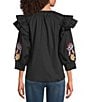 Calessa Patchwork Embroidered Split V-Neck 3/4 Sleeve Tunic, Color:Black Multi - Image 2