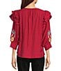 Calessa Patchwork Embroidered Split V-Neck 3/4 Sleeve Tunic, Color:Crimson/Multi - Image 2