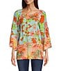 Color:Coral Multi - Image 1 - Patchwork Floral Print Scoop Neck 3/4 Sleeve Tunic