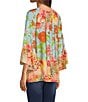 Color:Coral Multi - Image 6 - Patchwork Floral Print Scoop Neck 3/4 Sleeve Tunic