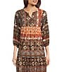 Calessa Petite Size Coordinating Abstract Border Print Split V-Neck 3/4 Sleeve Popover Mesh Tunic, Color:Sand Multi - Image 1