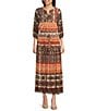 Calessa Petite Size Coordinating Abstract Border Print Split V-Neck 3/4 Sleeve Popover Mesh Tunic, Color:Sand Multi - Image 3