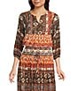 Calessa Petite Size Coordinating Abstract Border Print Split V-Neck 3/4 Sleeve Popover Mesh Tunic, Color:Sand Multi - Image 4