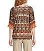 Calessa Petite Size Abstract Border Print Square Neck Elbow Sleeve Mesh Knit Tunic, Color:Sand Multi - Image 2